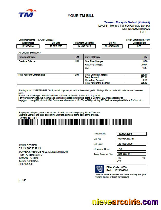 Malaysia Telekom utility bill